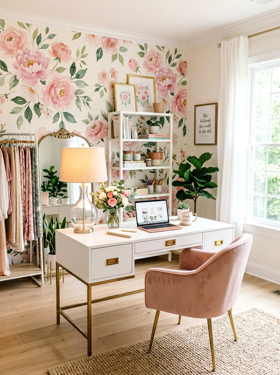 Floral Wallpaper Feminine Studio - 30 boutique studio office ideas