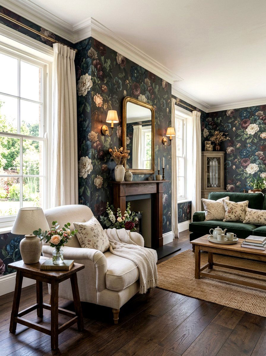 Floral Wallpaper Living Room - 30 moody English living room ideas