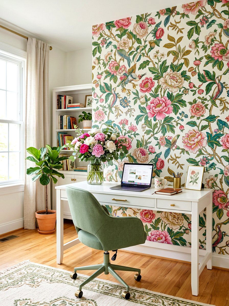 Floral Wallpaper Office - 30 feminine office ideas