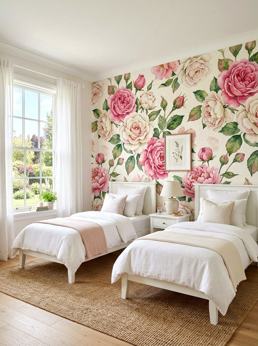Floral Wallpaper Wall - 30 girls shared bedroom ideas