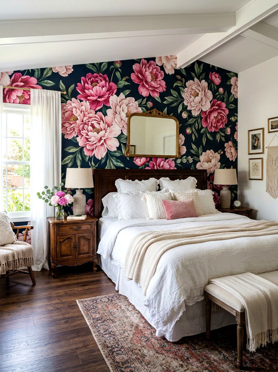 Floral Wallpaper Wall - 30 bedroom accent wall ideas