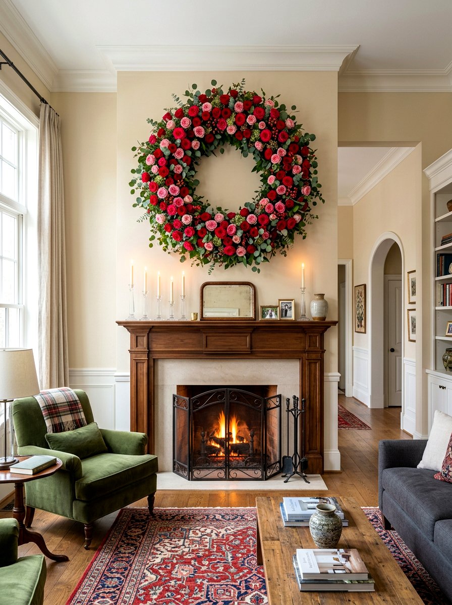 Floral Wreath Focal Point Mantel - 30 Valentine mantel ideas
