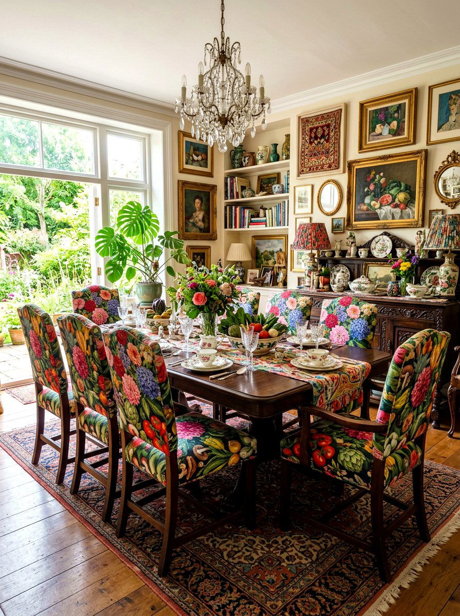 Floral and vegetable upholstered dining chairs - 30 cabbagecore dining room ideas