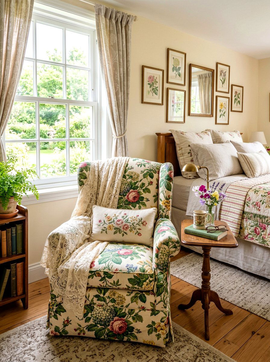 Floral armchair - 30 grandma core bedroom ideas