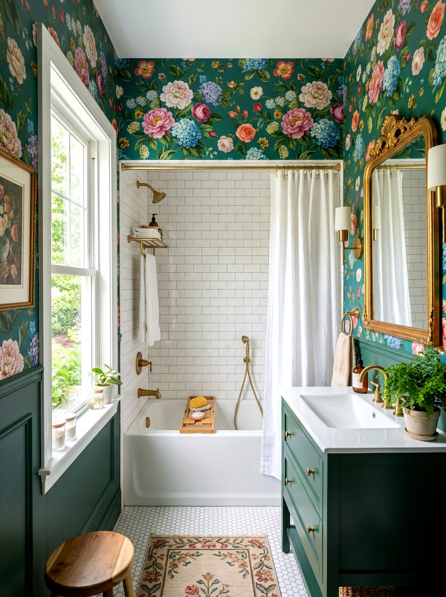 Floral bathroom wallpaper design - 30 alcove tub styling ideas