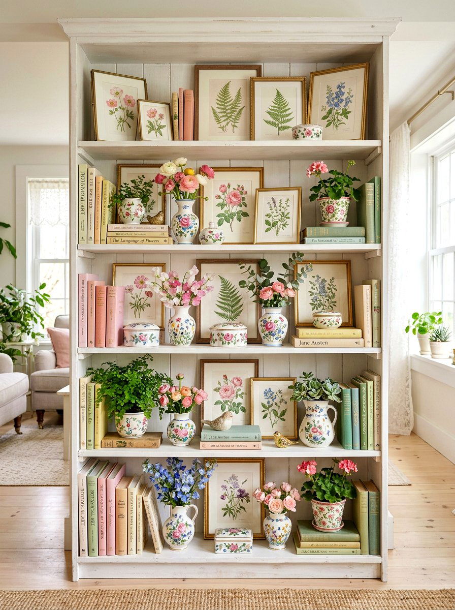 Floral bookshelf display - 30 bookshelf spring styling ideas