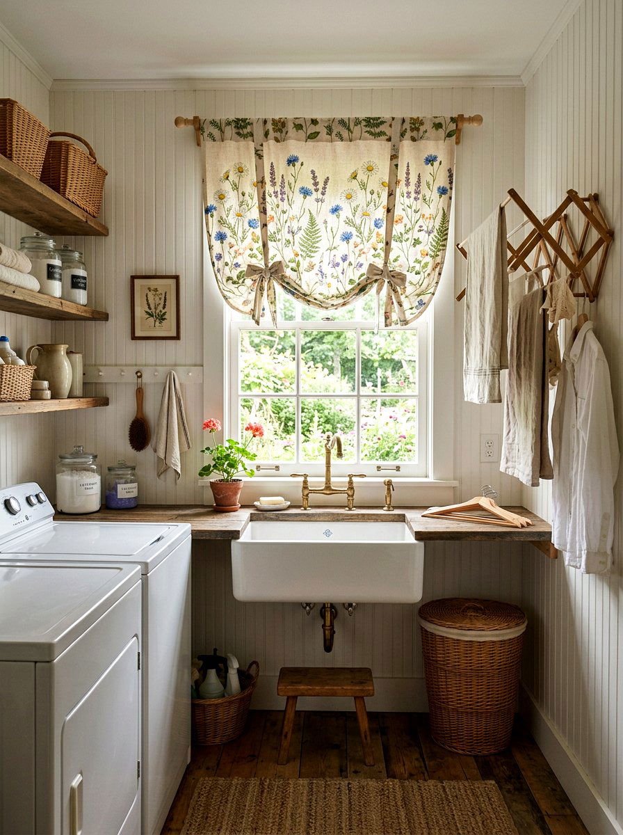 Floral curtain laundry room - 30 vintage laundry room ideas