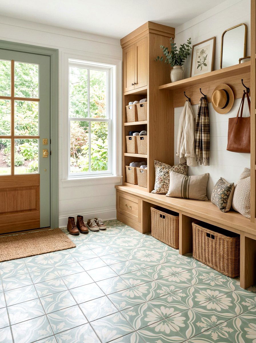 Floral encaustic floor tile - 30 patterned mudroom tile ideas