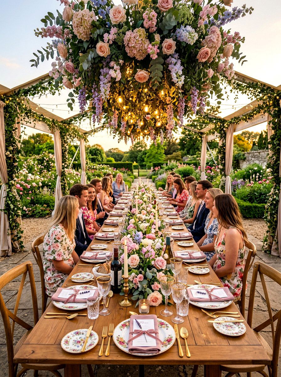 Floral garden dinner party - 30 romantic dinner party ideas at home