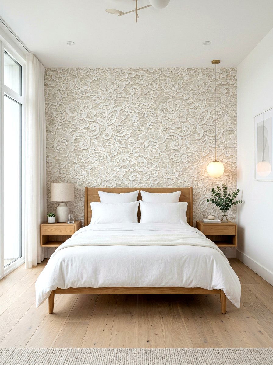 Floral lace wallpaper accent - 30 cottage lace bedroom ideas