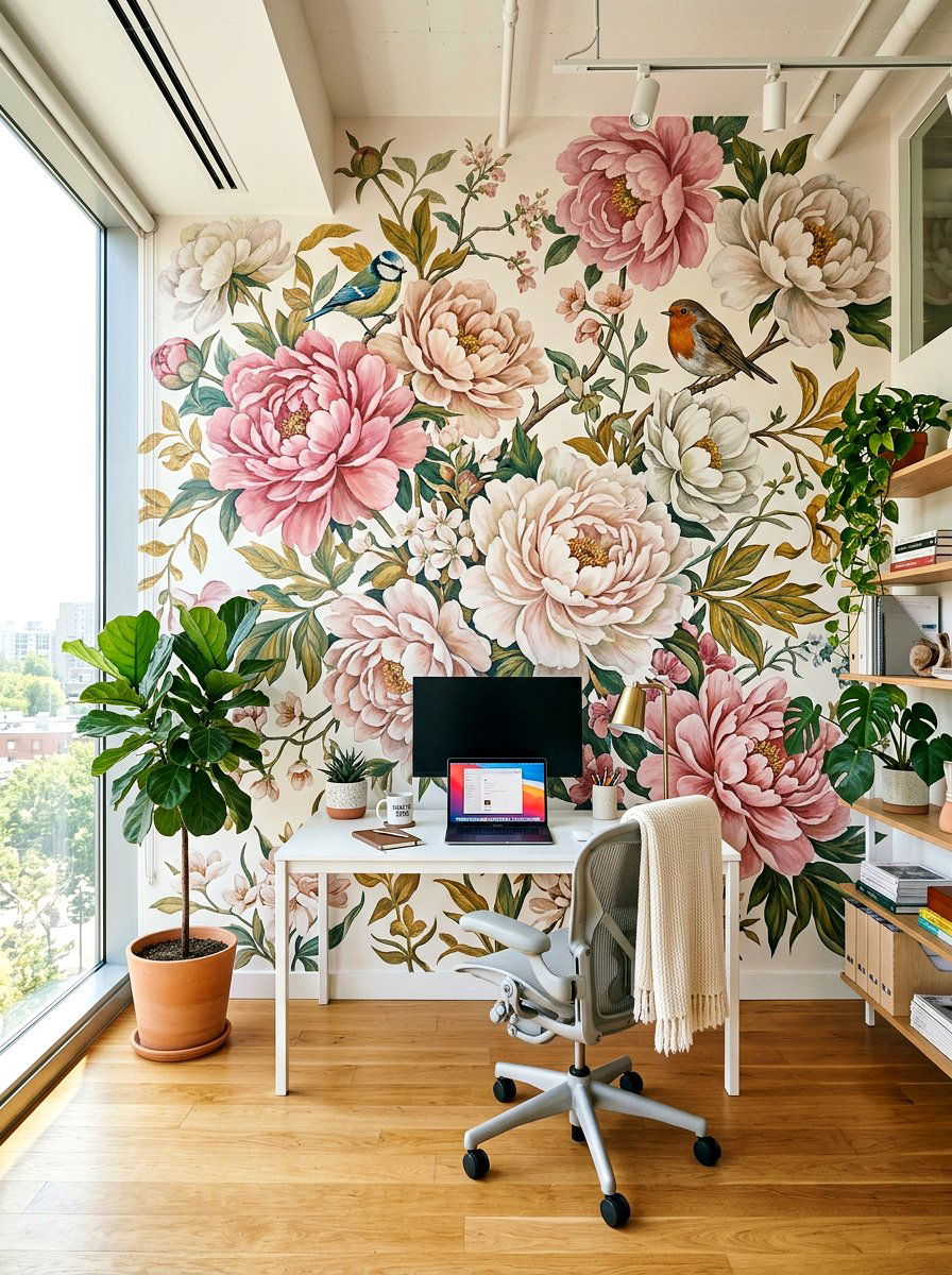 Floral mural office wall - 30 chinoiserie office ideas