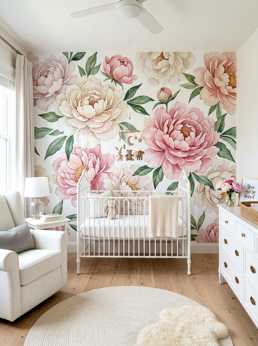 Floral nursery wallpaper accent - 30 nursery corner ideas