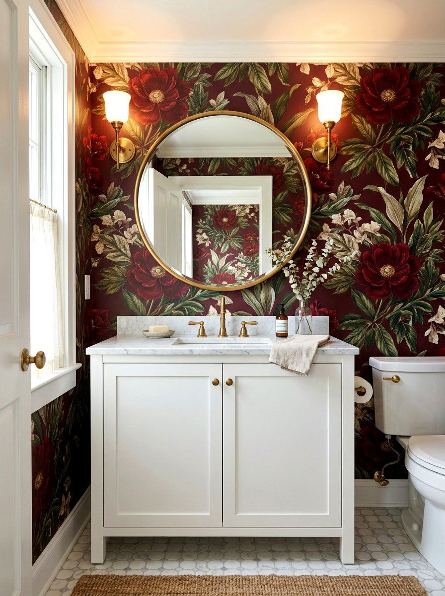 Floral oxblood powder room - 30 oxblood powder room ideas