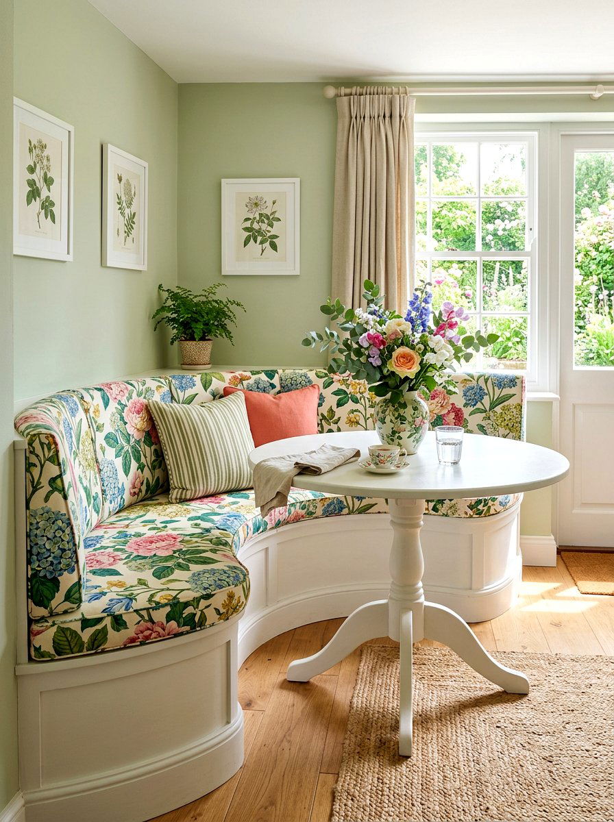 Floral pattern curved bench - 30 curved banquette dining ideas