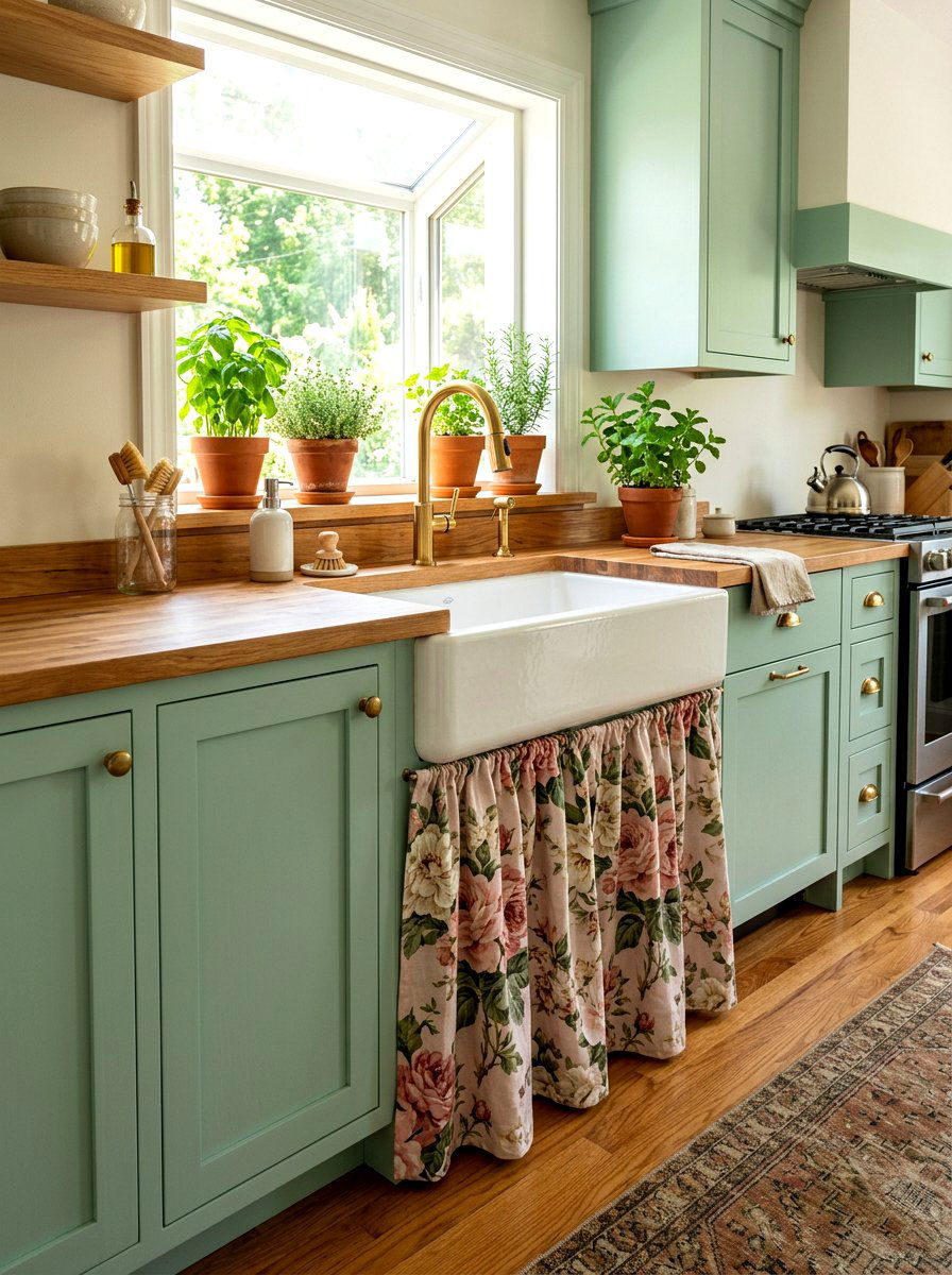 Floral pattern sink skirt - 30 skirted sink ideas
