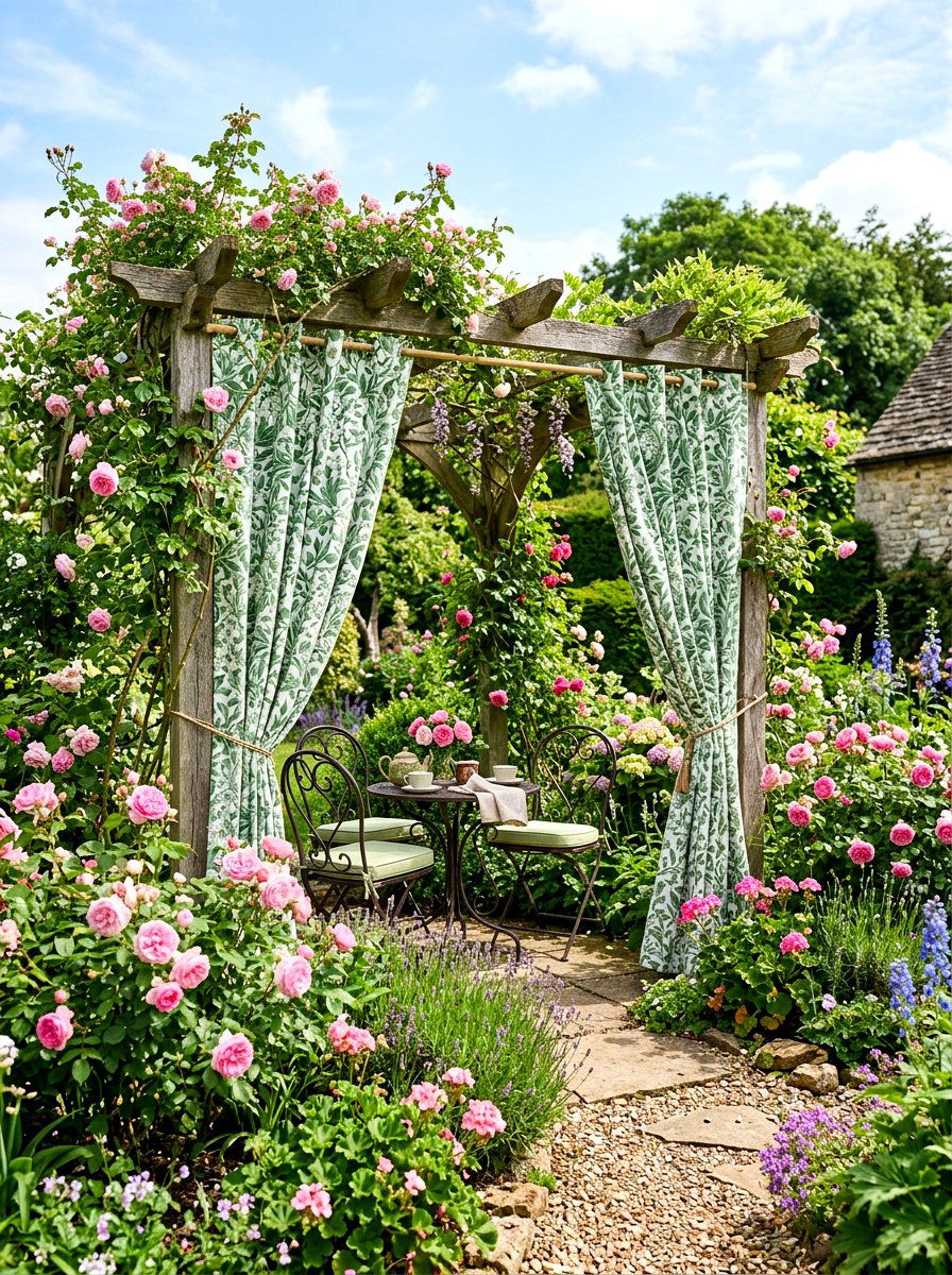 Floral patterned pergola garden - 30 pergola privacy curtain ideas