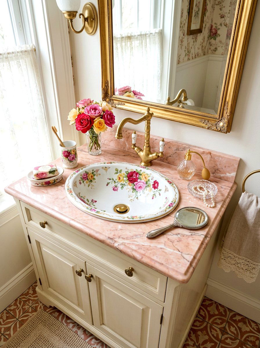Floral porcelain sink - 30 coquette kitchen ideas