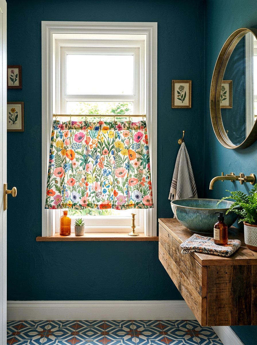 Floral print bathroom cafe curtain - 30 cafe curtain bathroom ideas