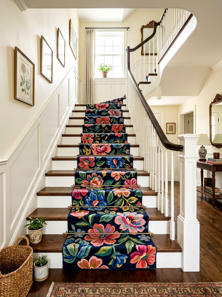 Floral print stair runner - 30 staircase runner ideas