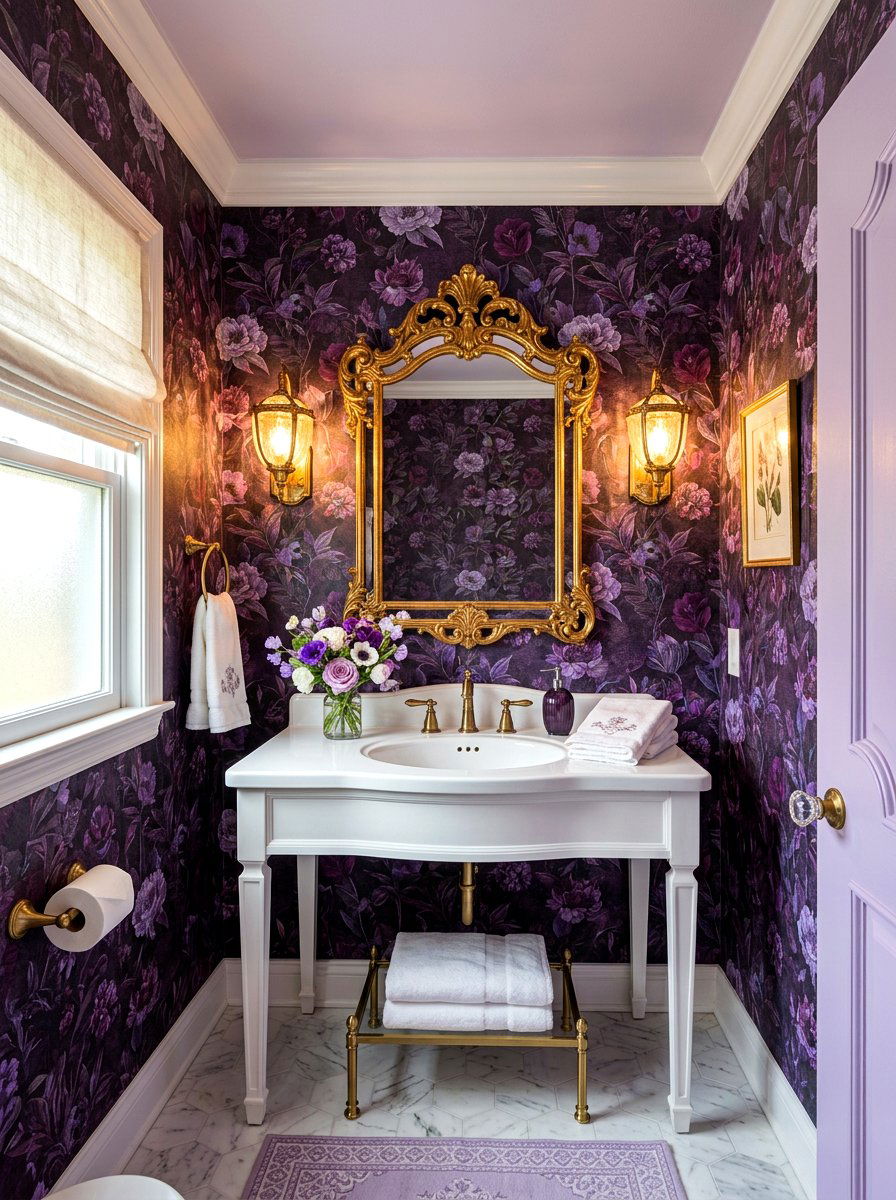 Floral purple wallpaper - 30 aubergine powder room ideas
