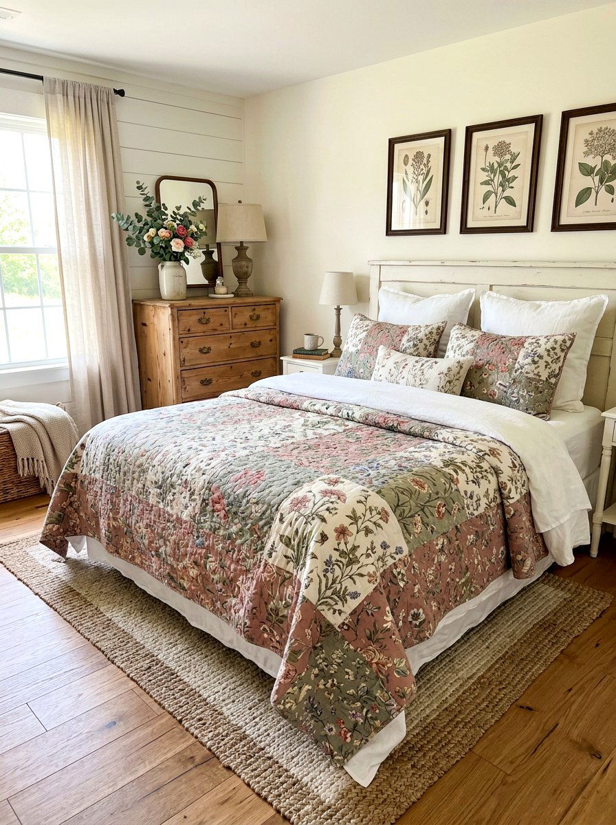 Floral quilt bedding - 30 farmhouse bedroom ideas