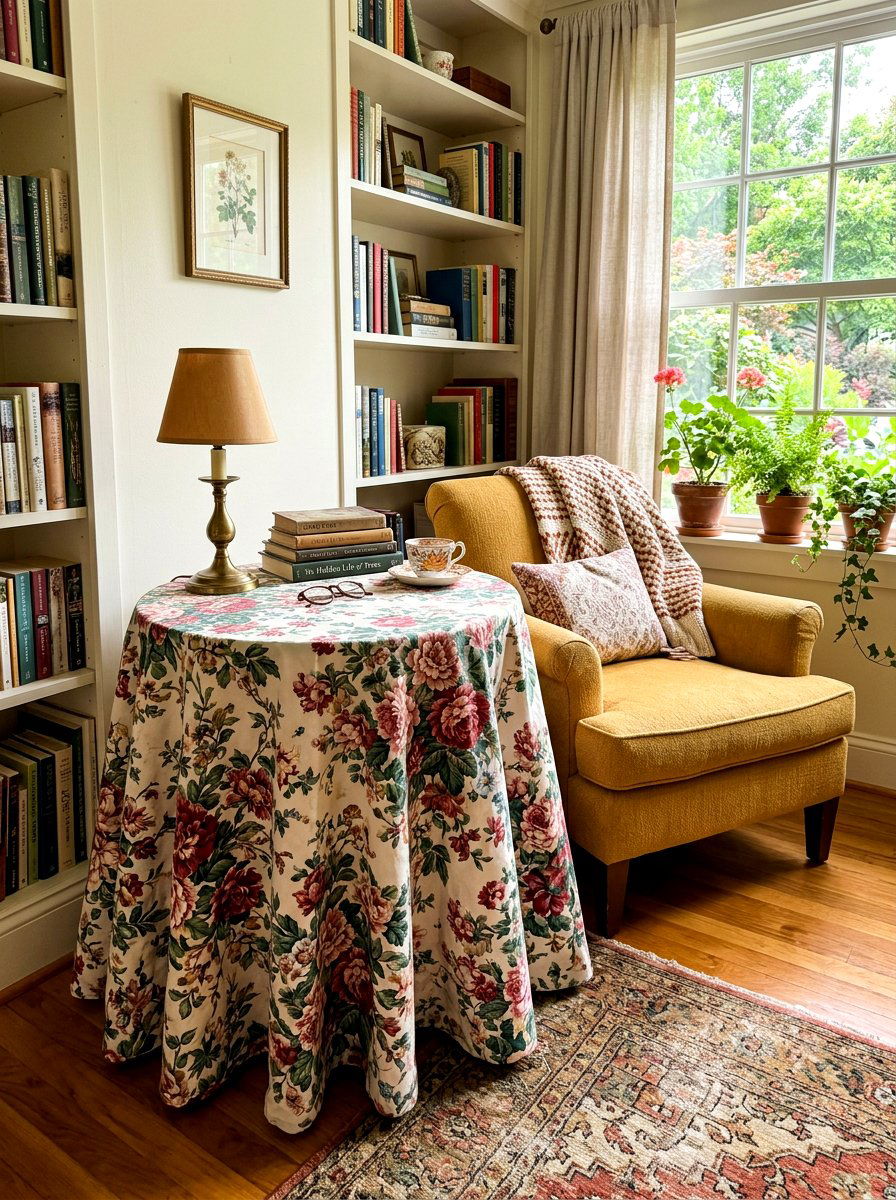 Floral skirted table - 30 skirted console table ideas
