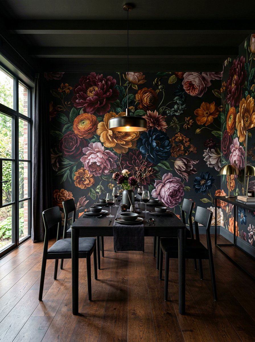 Floral wall mural - 30 moody supper club dining ideas