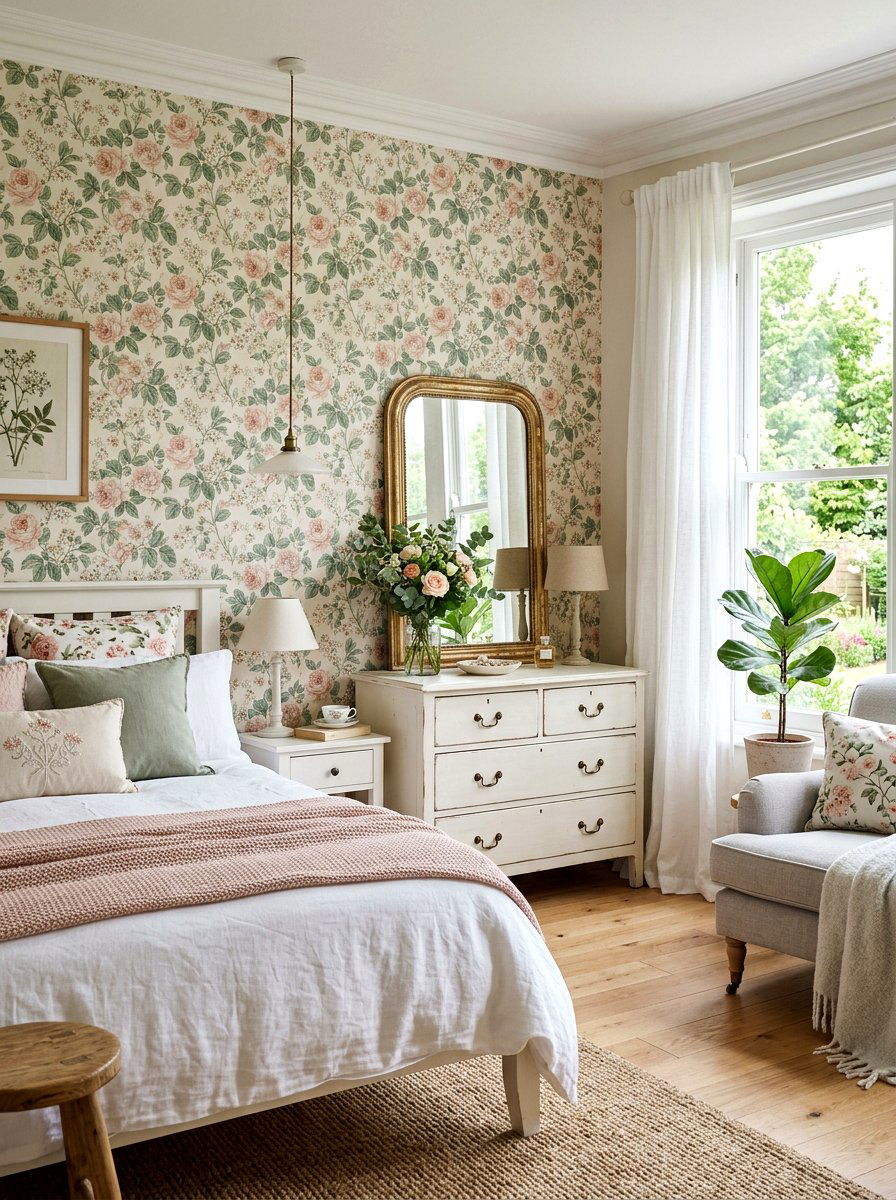 Floral wallpaper - 30 romantic cottage bedroom ideas
