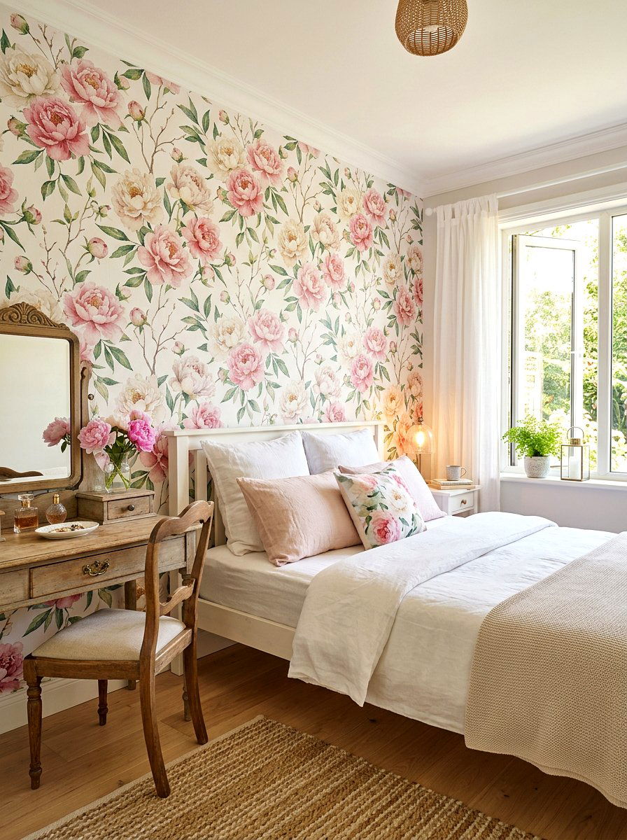 Floral wallpaper accent - 30 shabby chic decor ideas