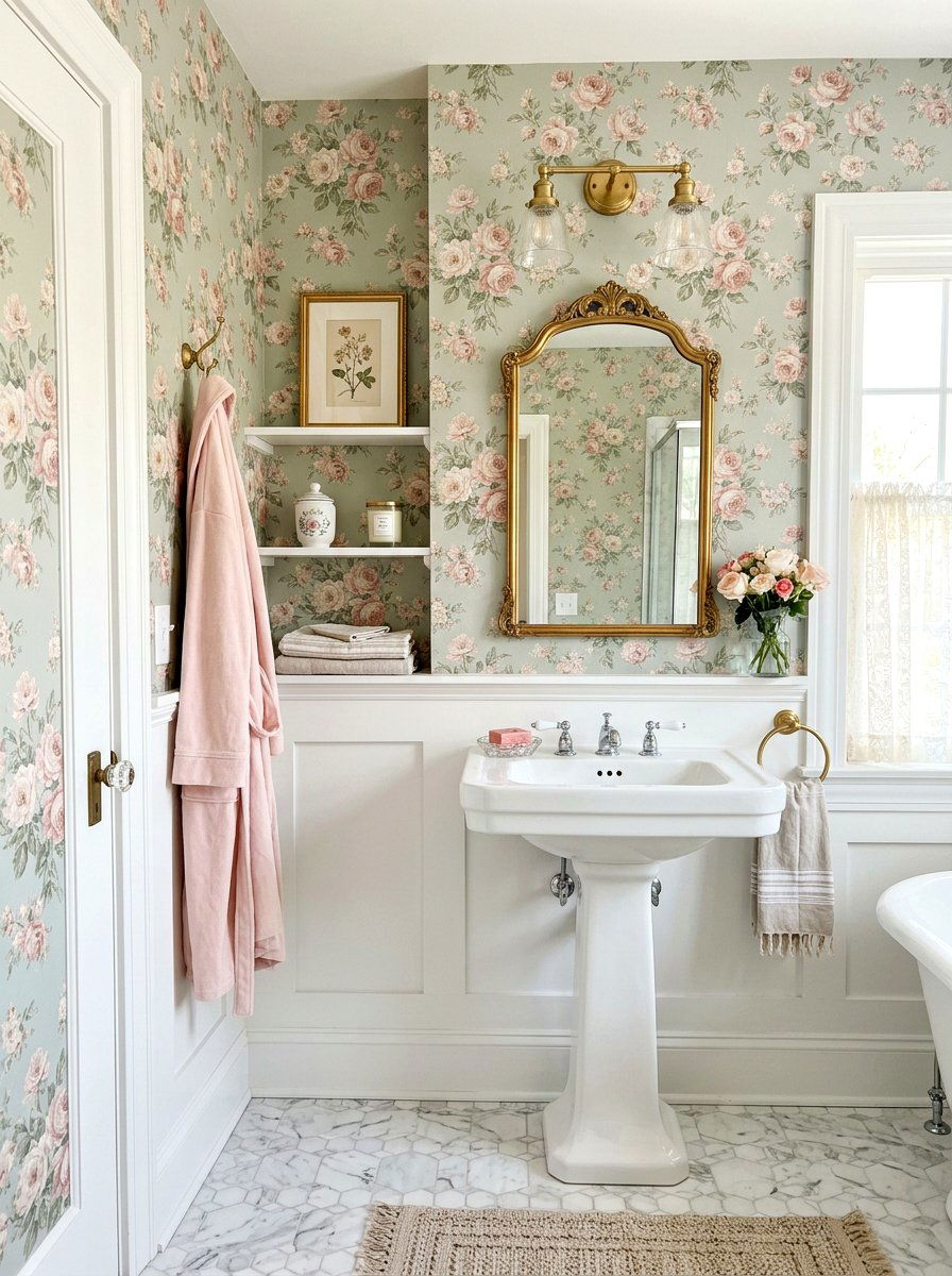 Floral wallpaper bathroom walls - 30 coquette bathroom ideas