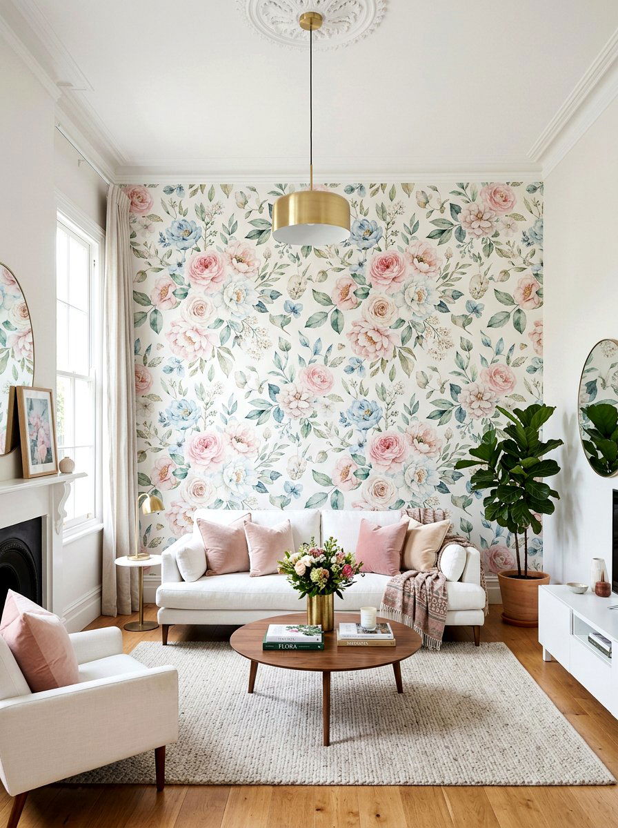 Floral wallpaper living room - 30 soft spring living room ideas