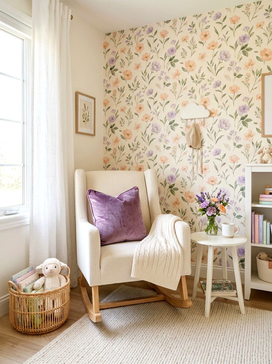 Floral wallpaper nursery rocker nook - 30 nursery rocking chair corner ideas