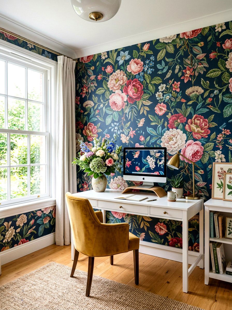 Floral wallpaper office - 30 viral home office ideas