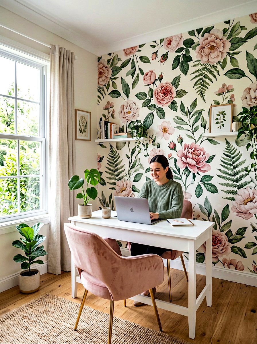 Floral wallpaper office wall - 30 office accent wall ideas