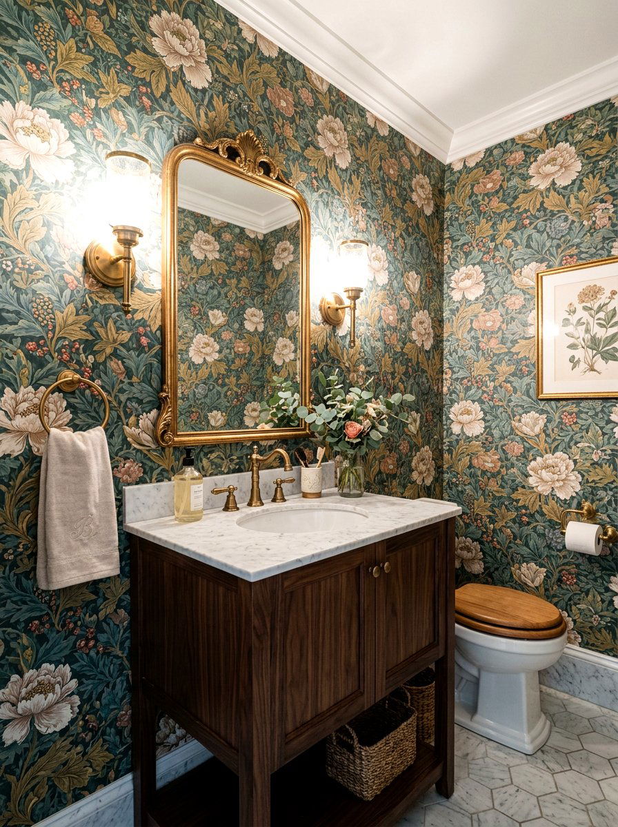 Floral wallpaper patterns - 30 traditional powder room ideas