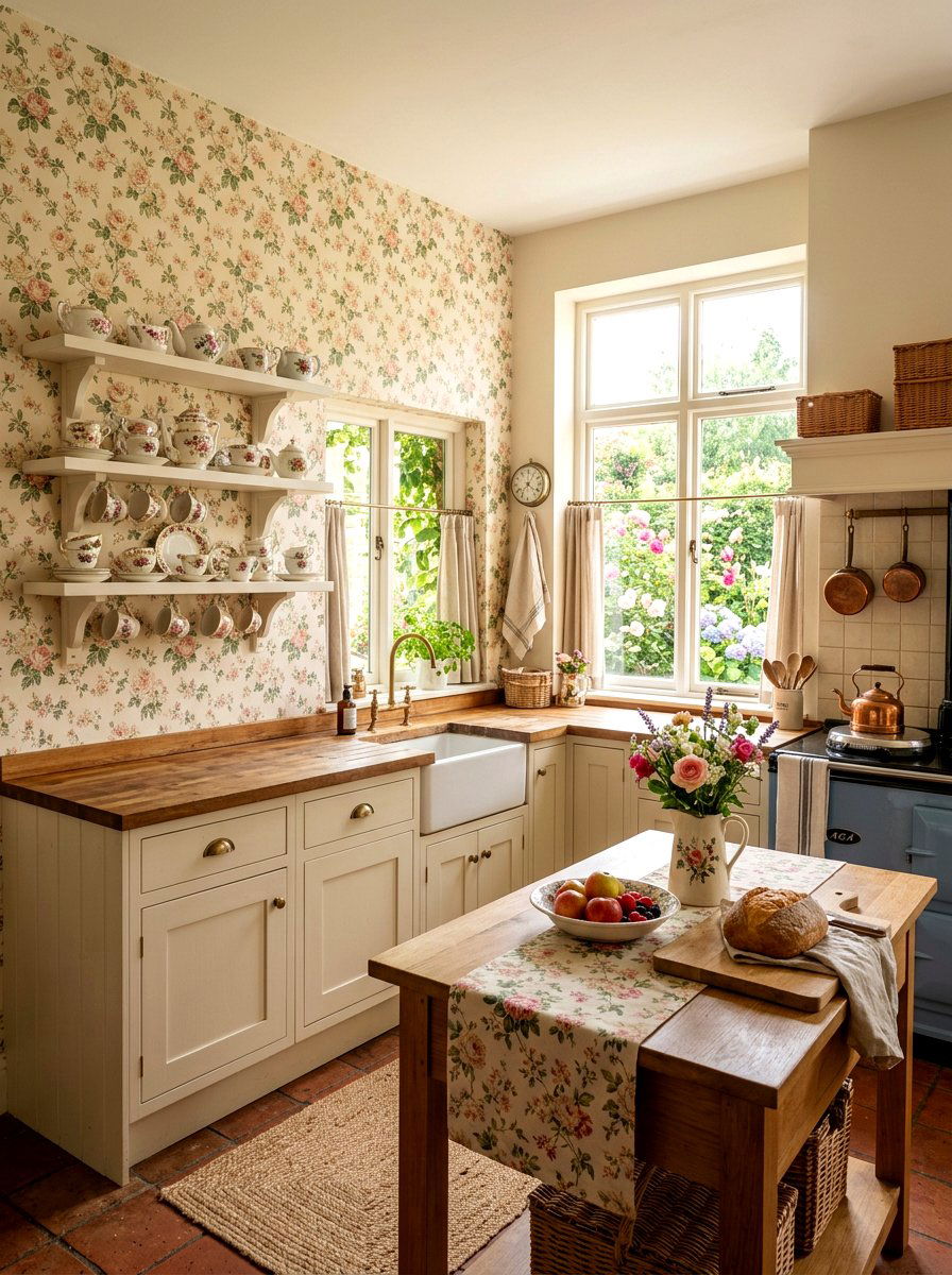 Floral wallpaper wall - 30 coquette kitchen ideas