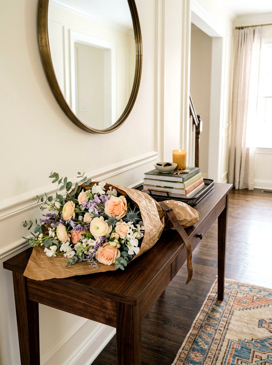 Floral wrap on entry table - 30 market bouquet decor ideas