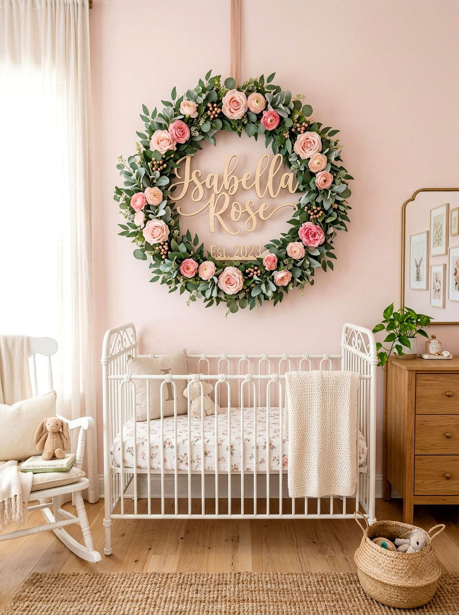 Floral wreath nursery name sign - 30 romantic baby room ideas