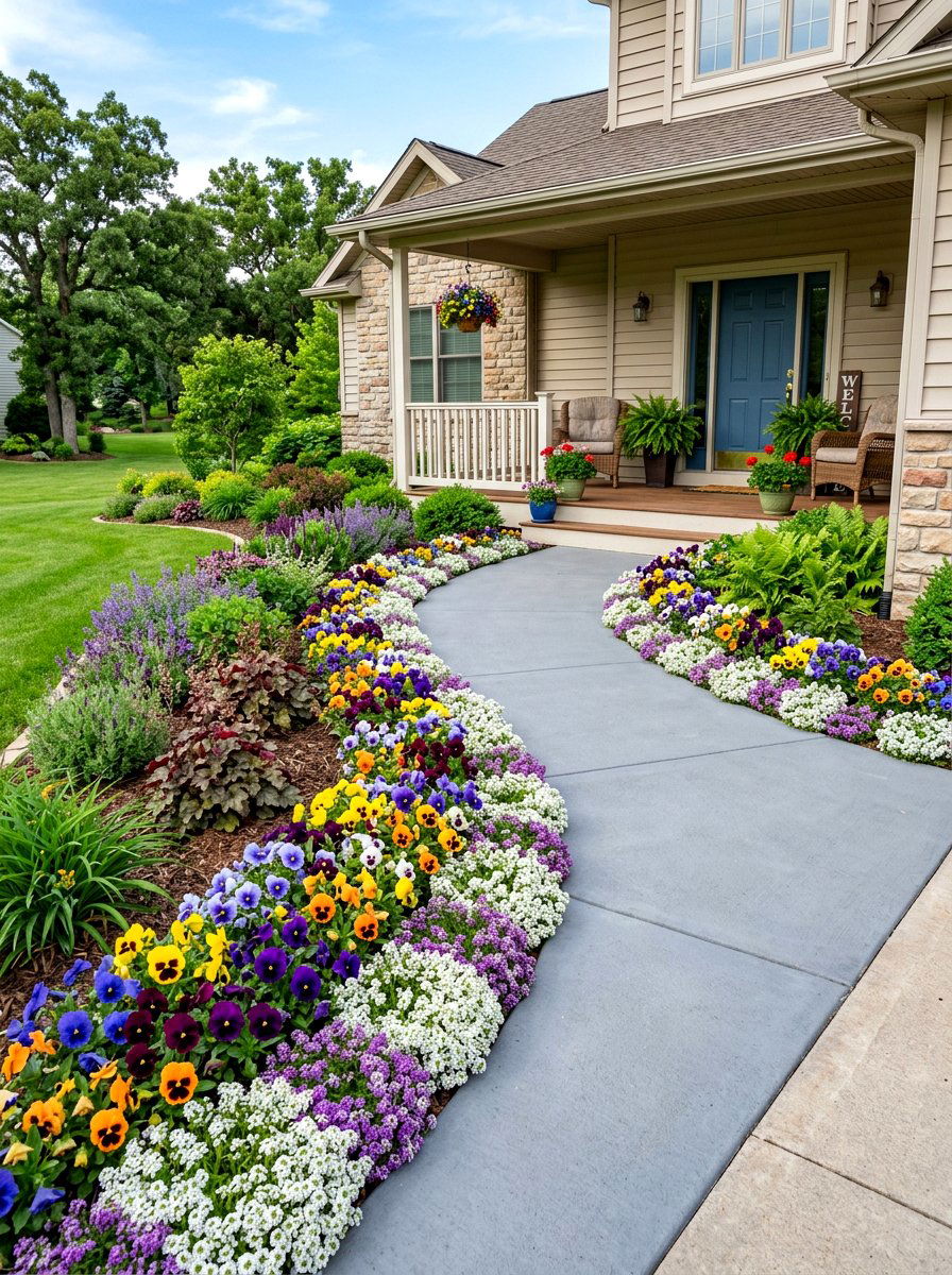 Flower Bed Along Concrete Walkway - 30 front porch flower bed ideas