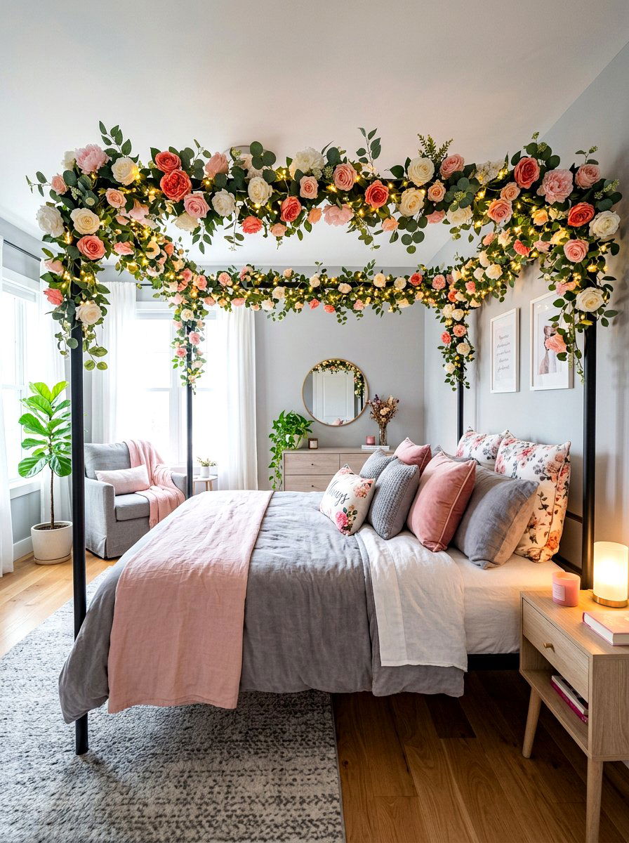 Flower Garland Canopy - 30 bloomcore bedroom ideas