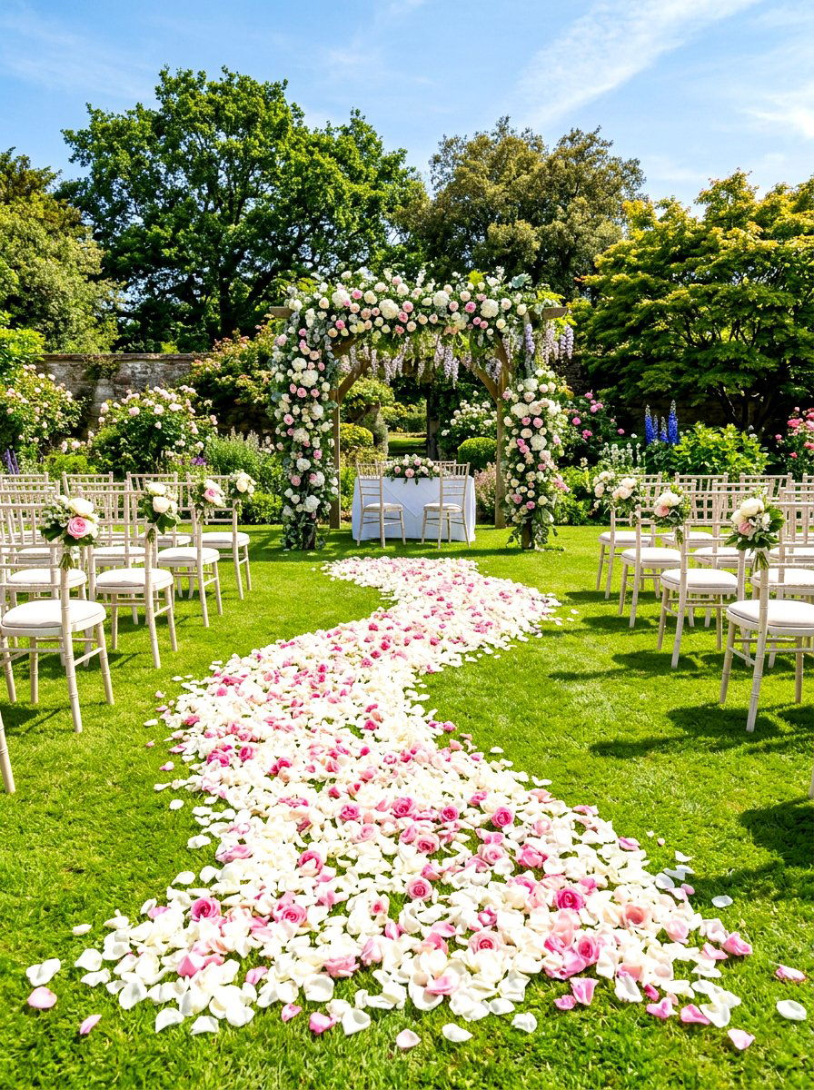 Flower Petal Aisle Runner - 30 backyard wedding decor ideas
