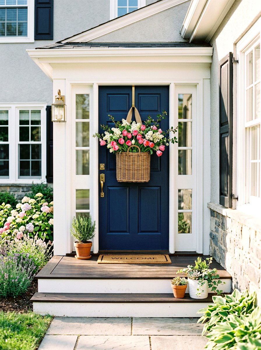 Flower basket front door - 30 garden inspired spring decor ideas