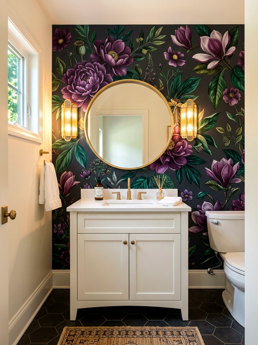 Flower print wall - 30 aubergine powder room ideas