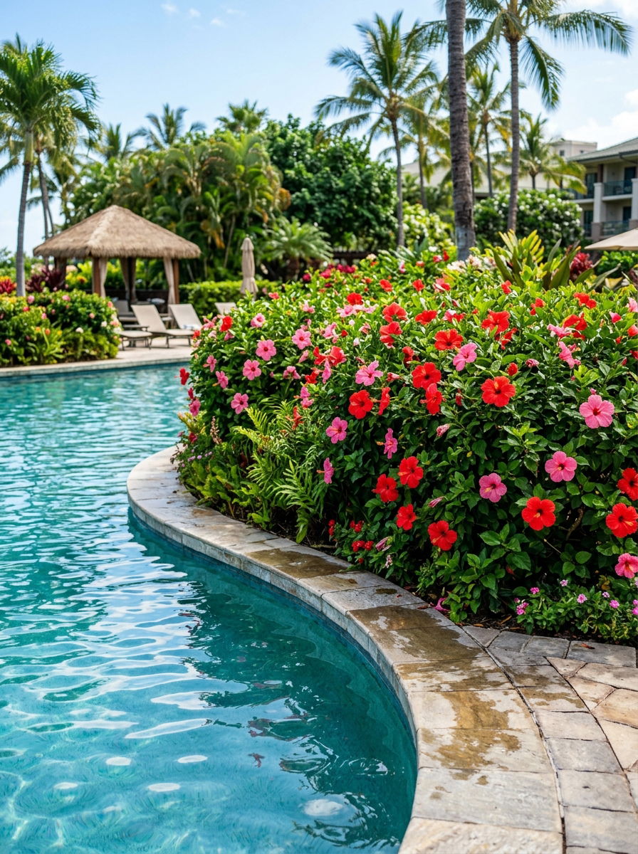 Flowering Hibiscus Pool Border - 30 pool privacy hedge ideas