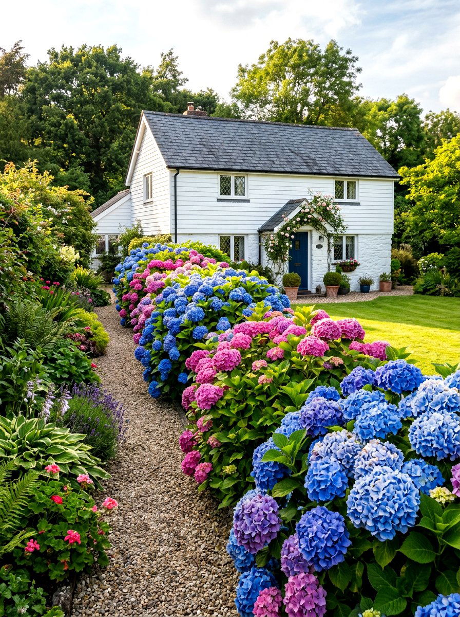 Flowering Hydrangea Hedge - 30 house front hedge ideas