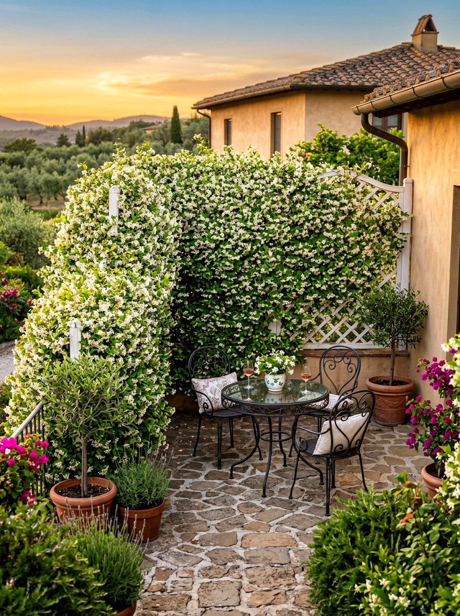 Flowering Jasmine Wall - 30 hedge wall patio ideas