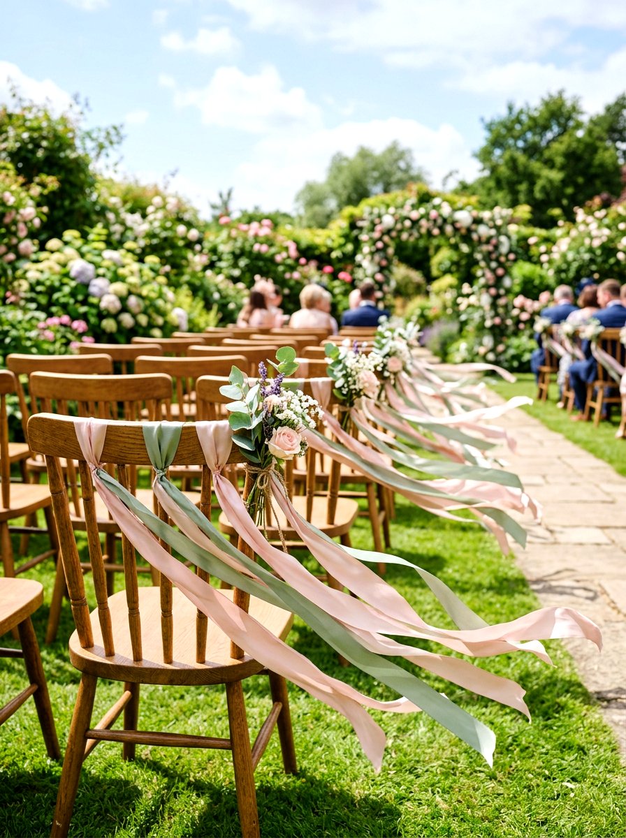 Flowing Ribbon Chair Decor - 30 cottage garden wedding ideas