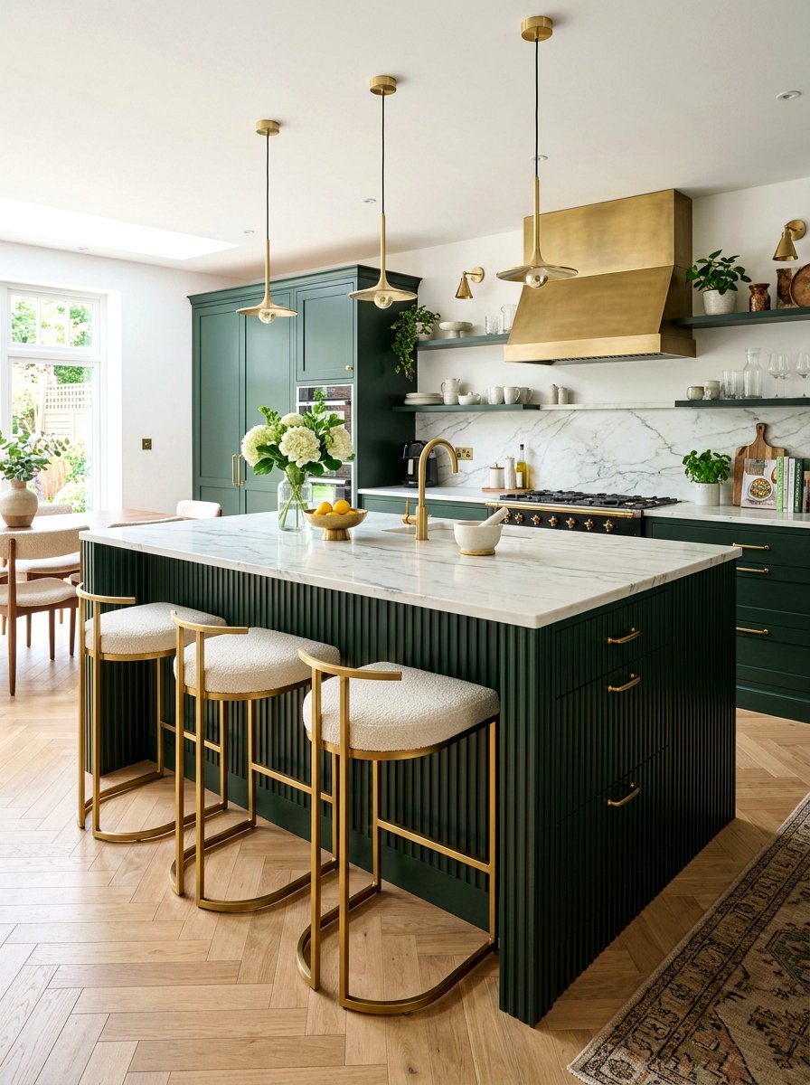 Fluted Dark Green Kitchen Island - 30 dark green kitchen island ideas