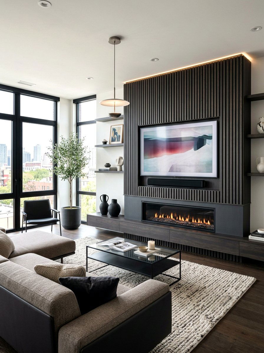 Fluted Panel Media Wall - 30 electric fireplace wall ideas