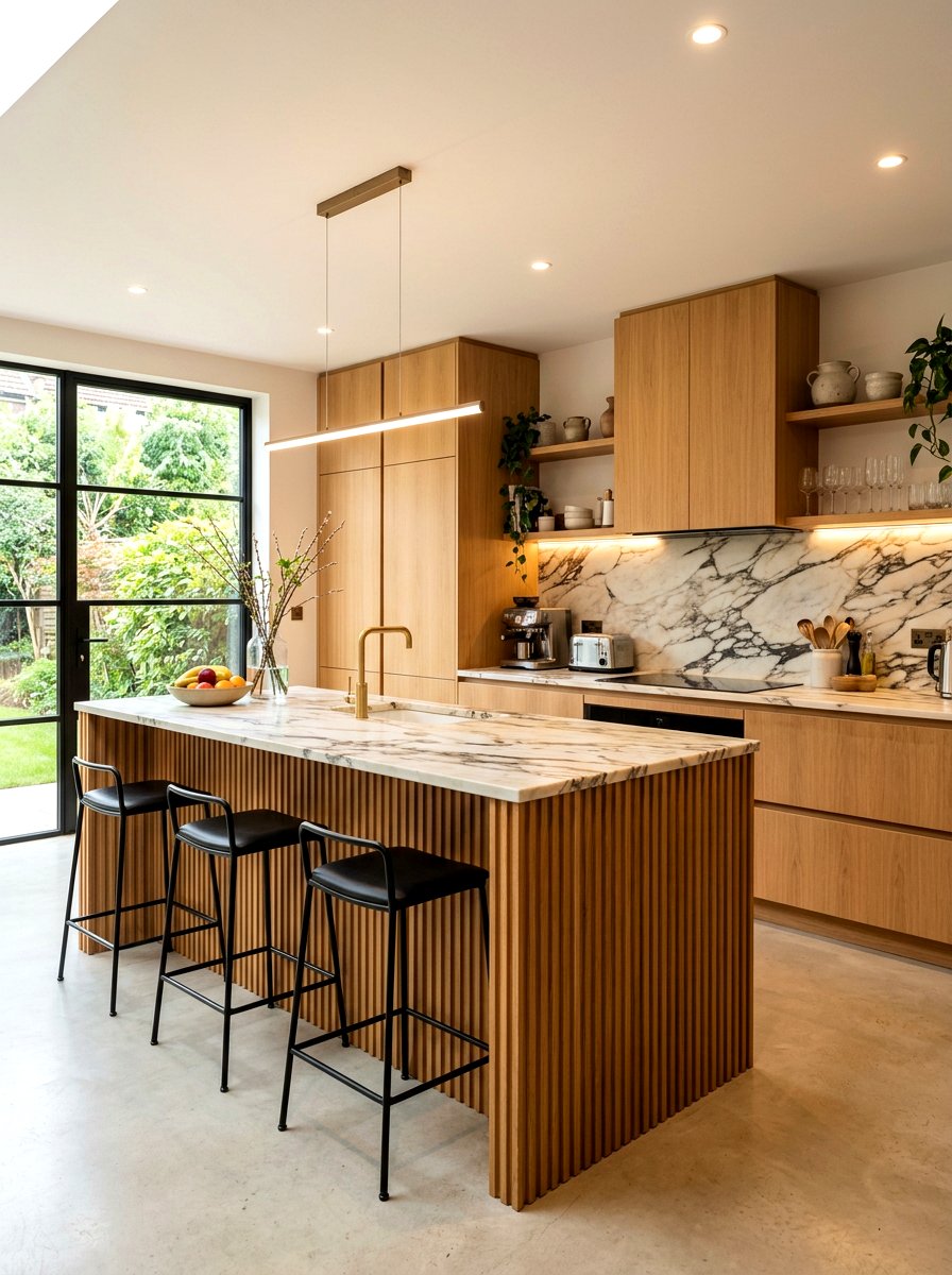 Fluted Wood Kitchen - 30 warm wood cabinet kitchen ideas